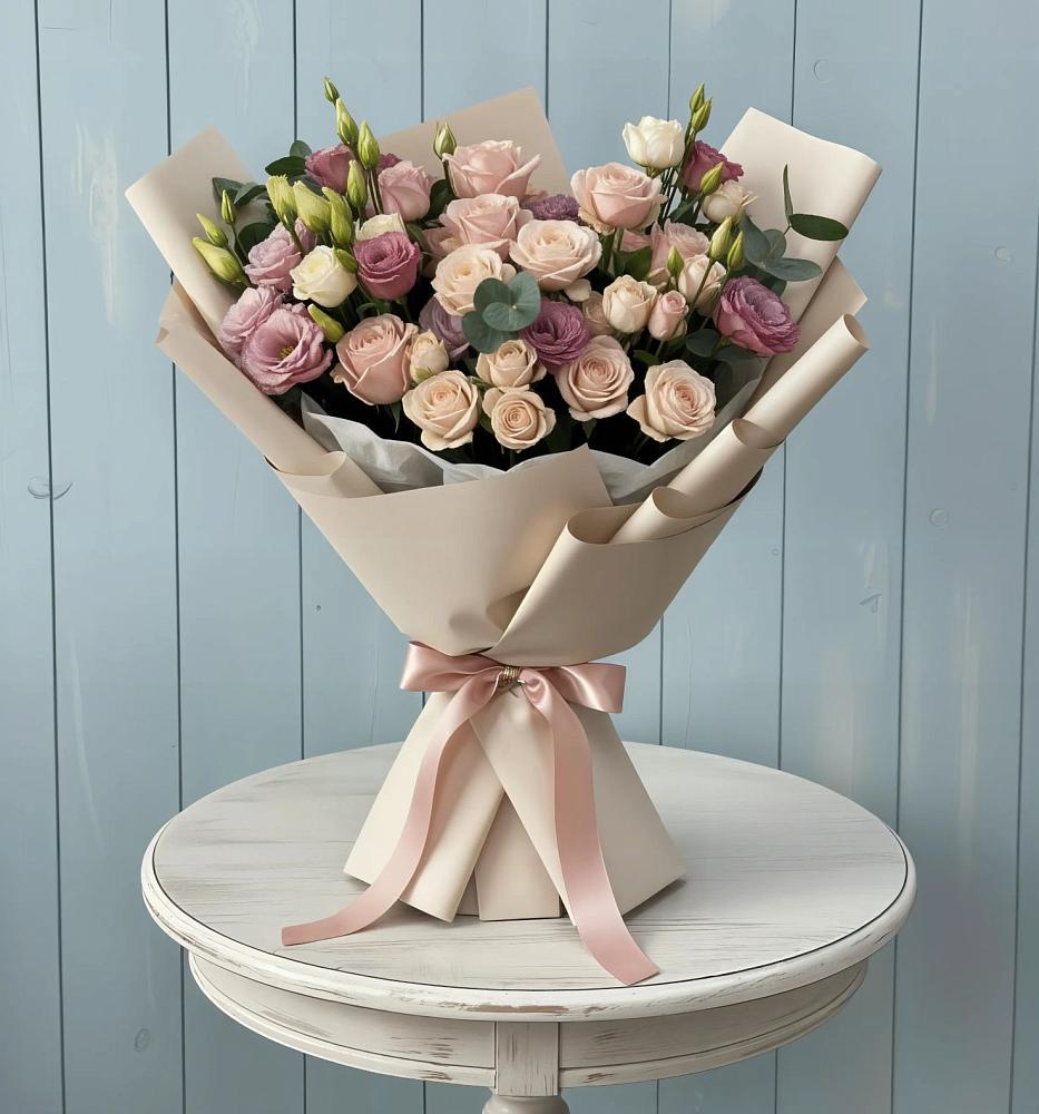 Букет цветов из: Розы и Лизиантусы в Новые Лапсары