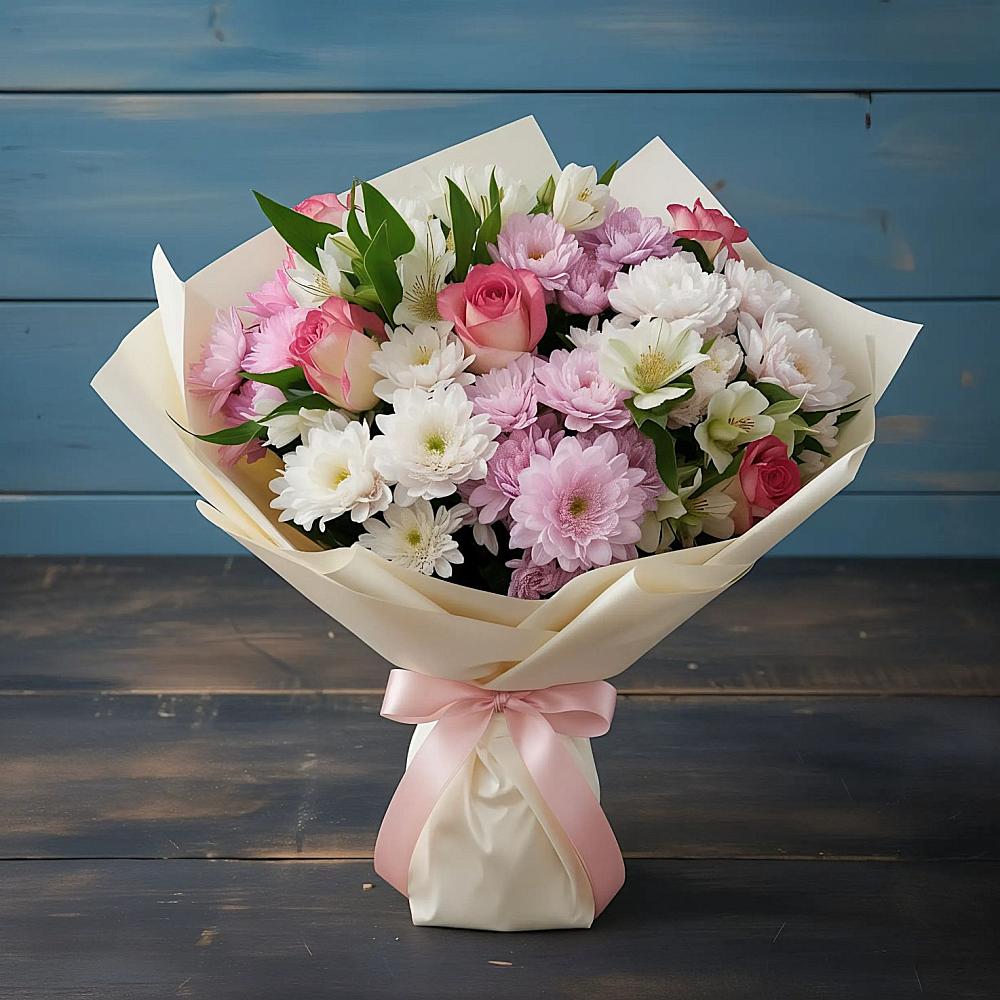 Букет цветов из: Хризантемы, Альстромерии и Розы в Новые Лапсары